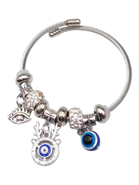 Ysora Bond Silver Blue Evil Eye Kada Bracelet