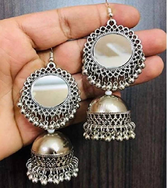 Ysora Bond Beautiful Mirror Work Silver Oxidised Jhumka Earrings for Women & Girls