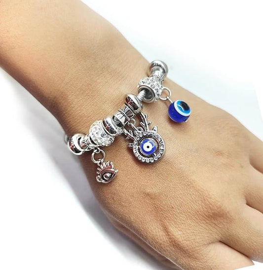 Ysora Bond Silver Blue Evil Eye Kada Bracelet