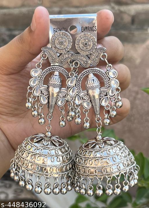 Ysora Bond Oxidized Silver Elephant Mirror Work Jhumka