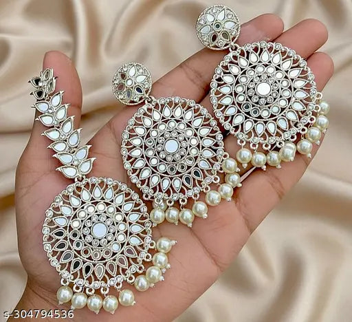 Ysora Bond Pearl Polki Kundan Jhumka & Maangtika Combo For Women's & Girls