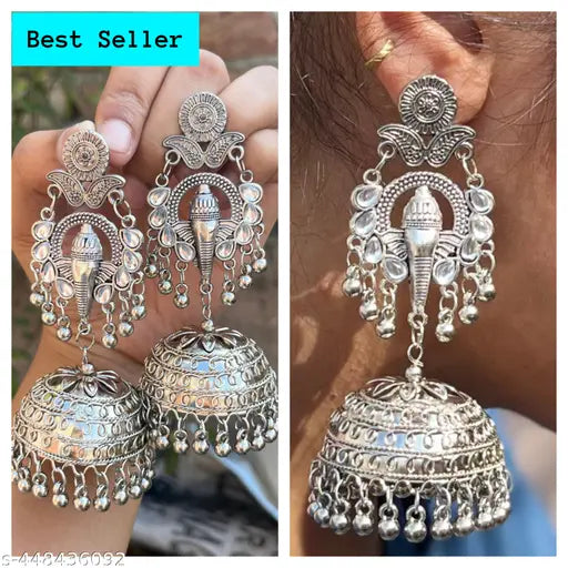 Ysora Bond Oxidized Silver Elephant Mirror Work Jhumka