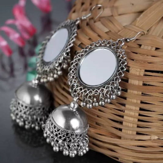Ysora Bond Beautiful Mirror Work Silver Oxidised Jhumka Earrings for Women & Girls