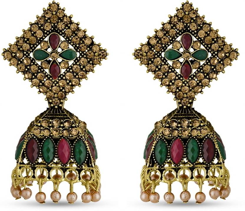 Ysora Bond Traditional Red & Green Stone Jhumka Combo (Pack of 2)