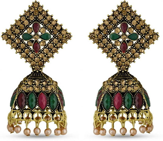 Ysora Bond Traditional Red & Green Stone Jhumka Combo (Pack of 2)