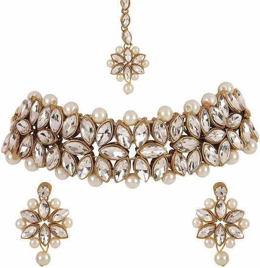 Ysora Bond Pearl Kundan Choker Necklace Set for Women & Girls