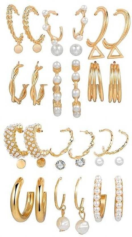 Ysora Bond 9 Pair Gold-Plated Pearl Hoop & Stud Earrings for Women and Girls