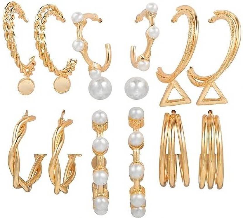 Ysora Bond 9 Pair Gold-Plated Pearl Hoop & Stud Earrings for Women and Girls