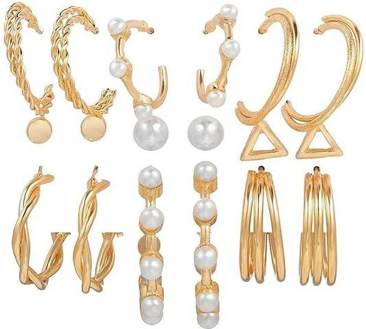 Ysora Bond 9 Pair Gold-Plated Pearl Hoop & Stud Earrings for Women and Girls